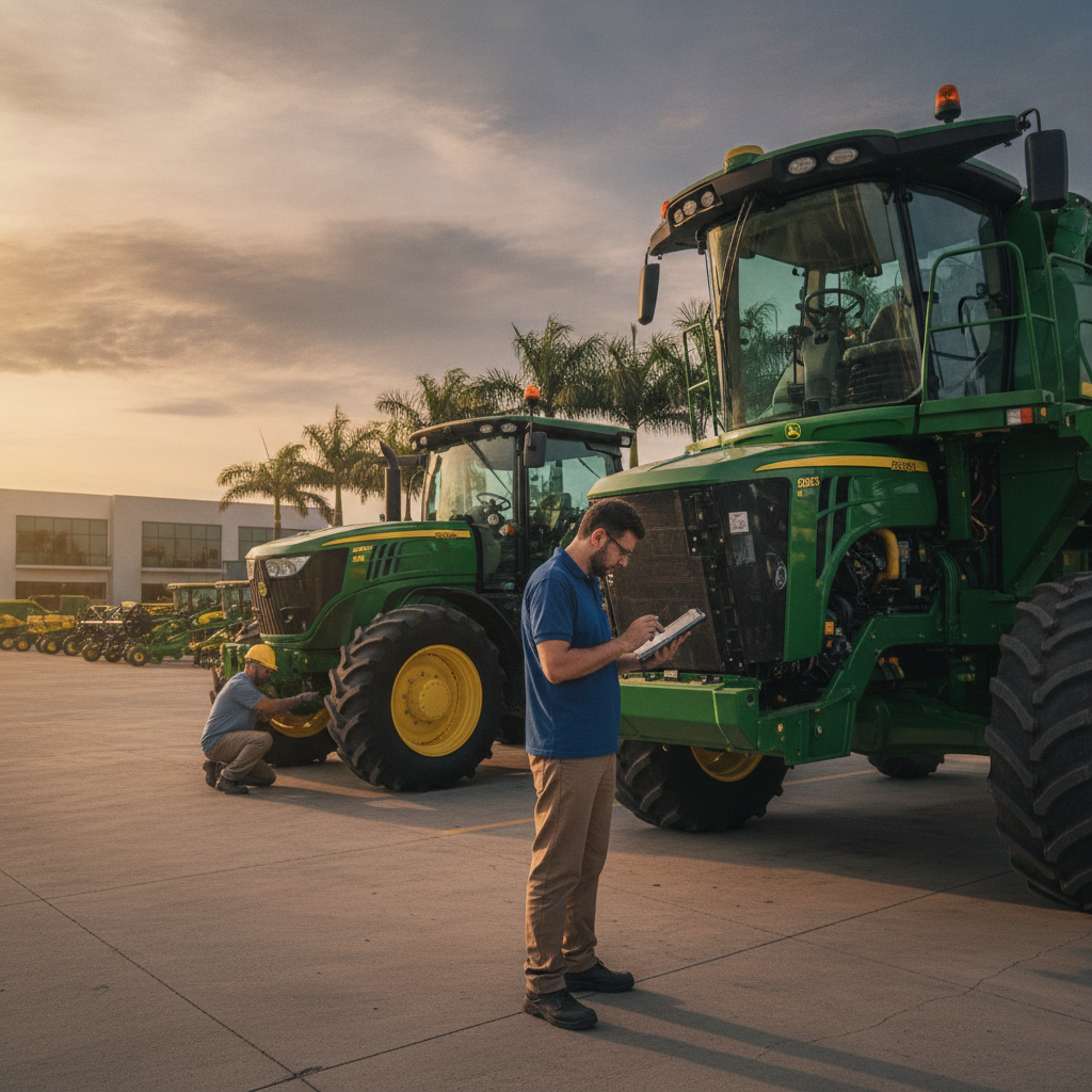 Técnico avaliando trator e colheitadeira no pátio de uma concessionária de máquinas agrícolas.