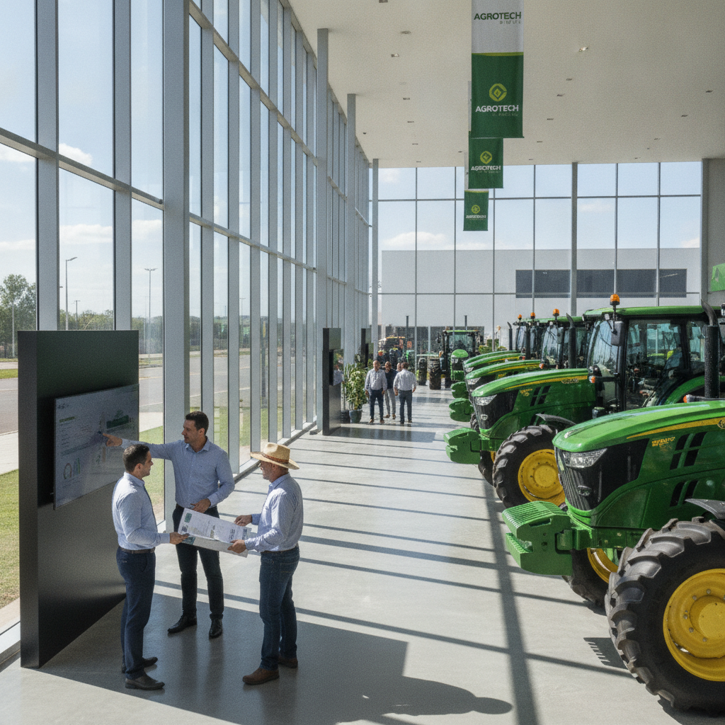 Showroom de concessionária de máquinas agrícolas com tratores novos e equipe comercial atendendo produtor rural