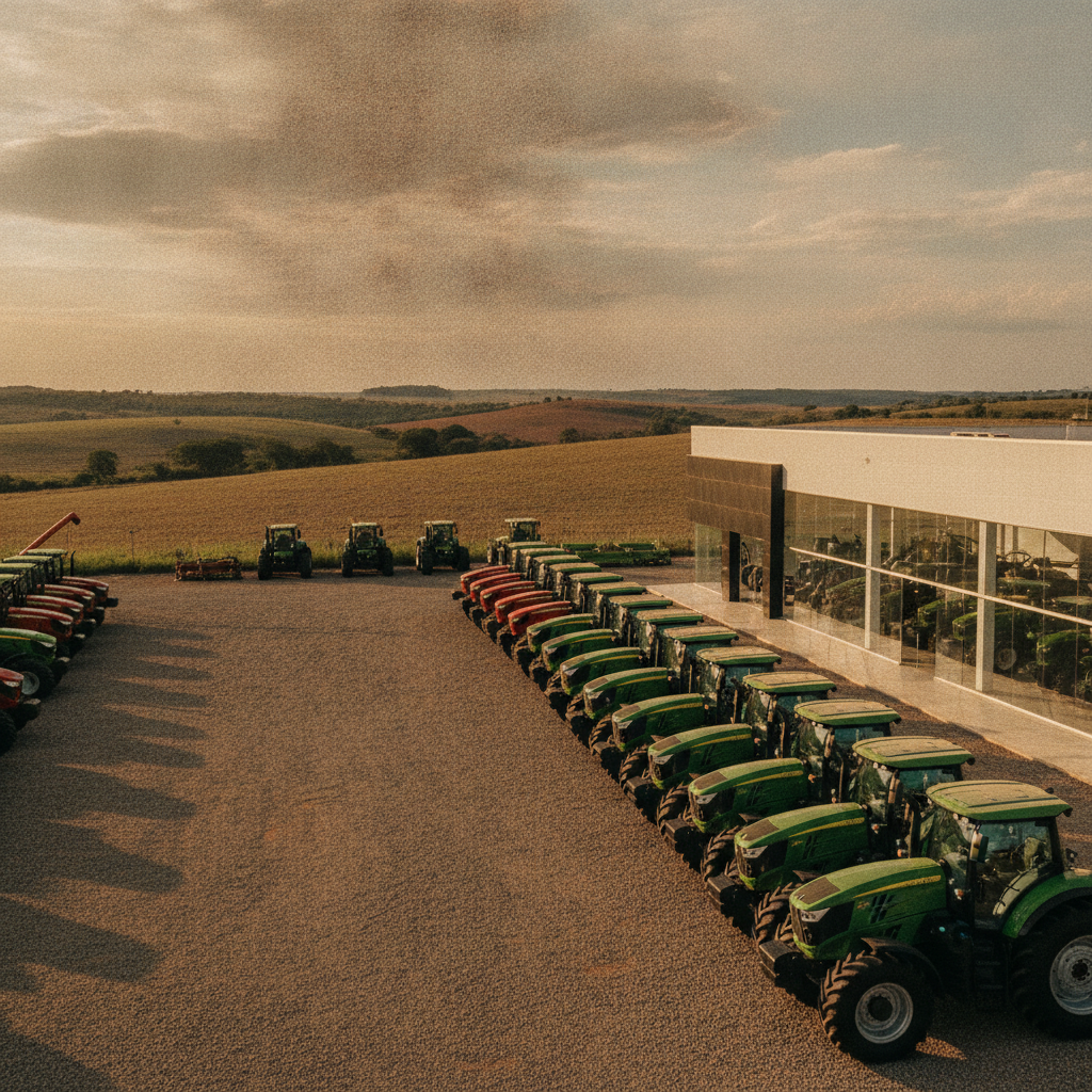 Pátio de revenda de máquinas agrícolas com tratores e colheitadeiras novos alinhados ao entardecer