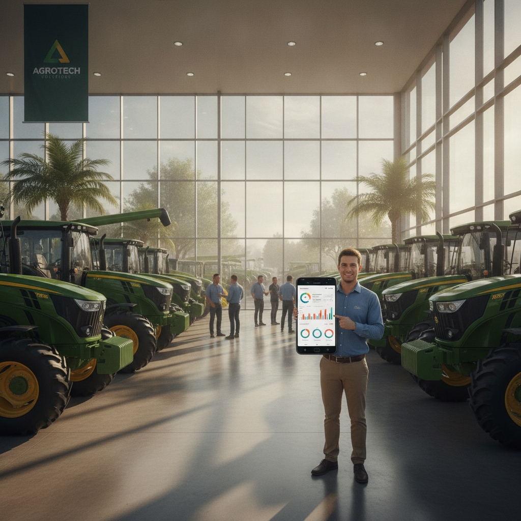 Pátio moderno de revenda de máquinas agrícolas com tratores alinhados e luz natural matinal