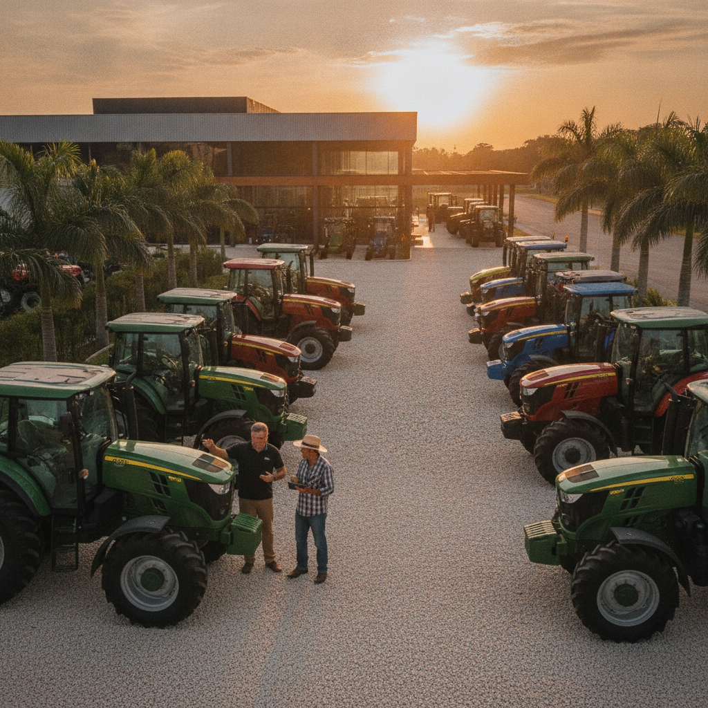 Pátio de concessionária com tratores agrícolas seminovos alinhados sob a luz do entardecer com vendedor e produtor rural.